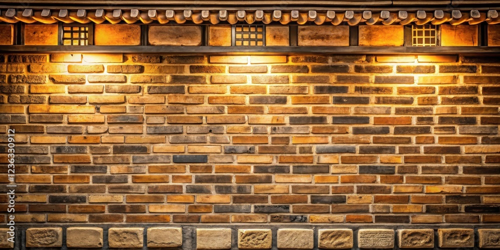 Poster A warm glow illuminates the intricate brickwork of an ancient wall, casting long shadows and creating a sense of timelessness.