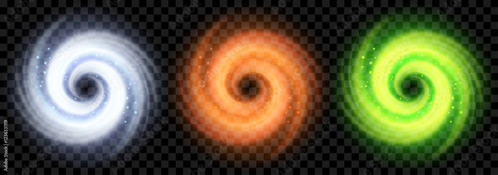 Fototapete Glowing spiral vortex. Cleaning, washing, and freshness. Abstract motion effect in a circular swirl. Vector effect isolated on transparent background.