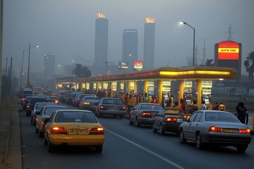 A high-resolution photograph of long lines of cars waiting at a crowded gas station in a bustling...