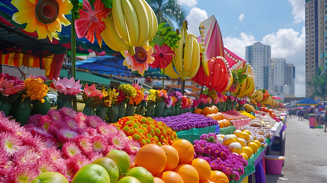Kadayawan Festival, rows of floats decorated with flowers and fruits, colorful Davao city buildings in the background