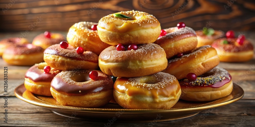 Aufkleber a golden platter overflowing with a tower of glazed donuts, each topped with delicate sprinkles and 