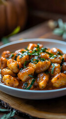 Fototapeta premium A wicked pumpkin gnocchi tossed in a spicy sauce with herbs.
