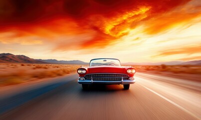 Obraz premium Vintage Convertible on Desert Highway at Sunset