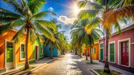 Sunlight filtering through a vibrant palm-lined street, casting a warm glow on colorful houses with inviting doorways.