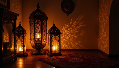 Decorative lanterns casting shadows in cozy room, Lanterns in the Dark