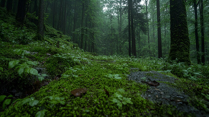 Obraz premium Rainy forest path, mossy ground, dense trees, misty atmosphere, nature background