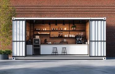 A white shipping container with a kitchen inside, a brick wall in the background, and a coffee shop interior. 