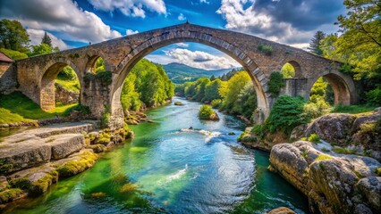 Fototapeta premium Asturias Roman Bridge Cangas de Onis Sunny Day Macro Photography Stock Photo