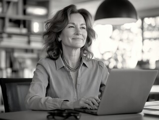 Fototapeta premium Smiling woman using a laptop, looking at the camera, in an office setting.
