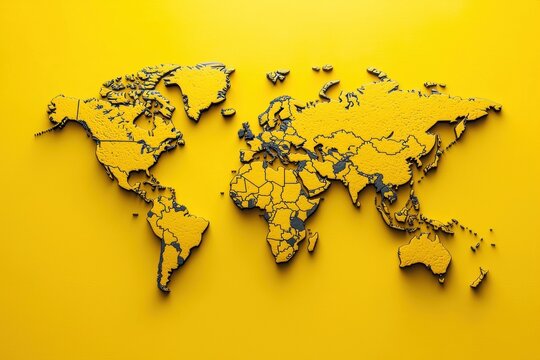Fototapeta 3D world map on yellow backdrop, ideal for global concepts