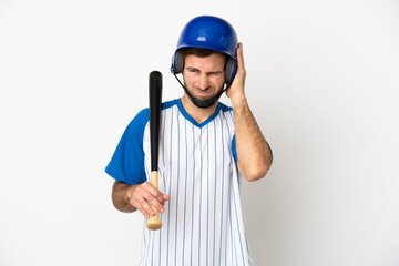 Young caucasian man playing baseball isolated on white background frustrated and covering ears