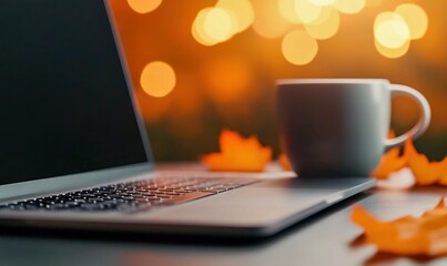 Fototapeta premium Cozy Autumn Workspace with Laptop and Pumpkin Spice Latte
