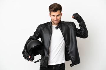 Young caucasian man with a motorcycle helmet isolated on white background doing strong gesture