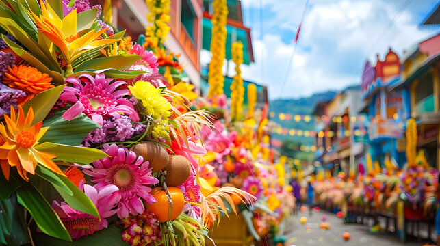 Kadayawan Festival, rows of floats decorated with flowers and fruits, colorful Davao city buildings in the background
