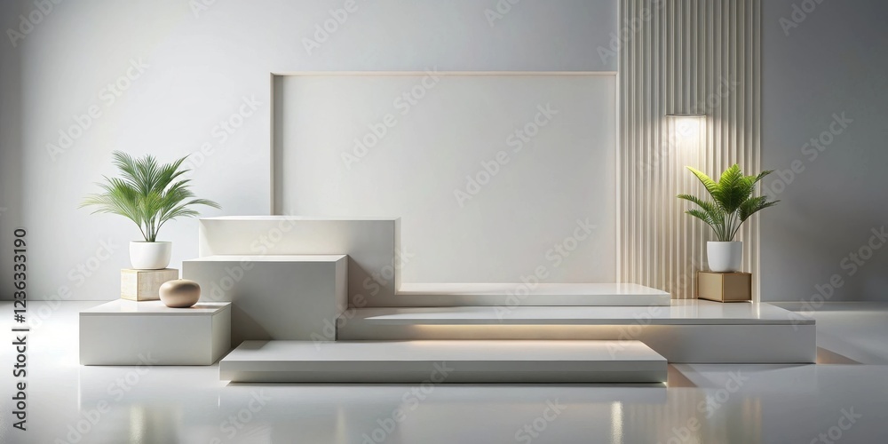 Aufkleber minimalist white platform with steps and plants in front of a blank backdrop for product display