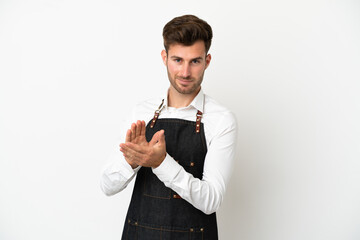 Restaurant caucasian waiter isolated on white background applauding after presentation in a conference