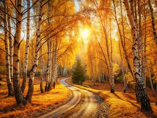 Autumn Birch Tree Forest Road Landscape with Vibrant Foliage