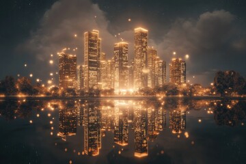 Fototapeta premium Glowing City Skyline at Dusk With Dimming Lights Reflecting on Water Against a Dark Sky