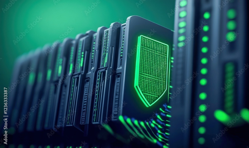 Poster glowing digital cloud server stack with binary code background