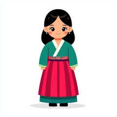 Adorable Young Girl in Traditional Korean Hanbok Dress Cartoon Illustration