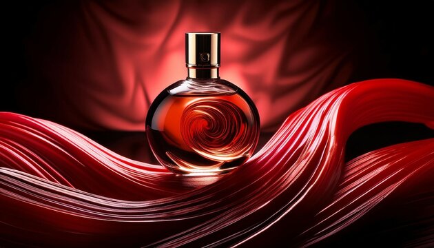 elegant perfume bottle with artistic red swirl design luxury fragrance display vibrant ambiance copy space
