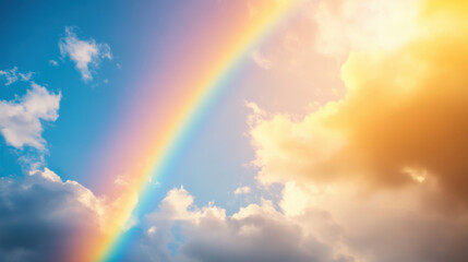 bright colored rainbow arcs across blue sky filled with fluffy clouds, creating beautiful and serene atmosphere