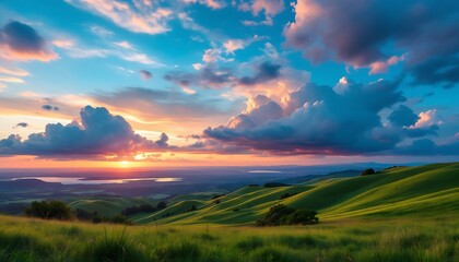 Obraz premium Sunset Rolling Hills Vibrant Sky Landscape Scenic View