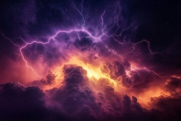 Fototapeta premium Fiery cosmic storm with lightning illuminating dark clouds........