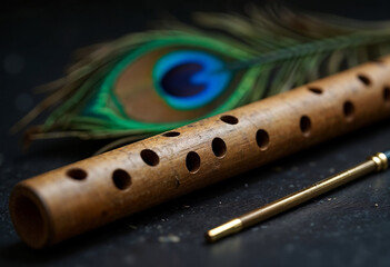 Fototapeta premium Traditional Wooden Flute with Peacock Feather Background