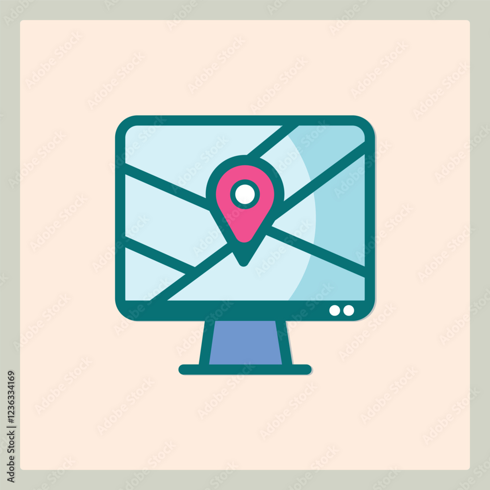 Poster icon of a computer screen showing a location pin on a map interface for navigation and mapping servi