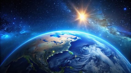 Fototapeta premium Earth from space with blue atmosphere and stars , Night Sky, Universe, Night Sky, Universe