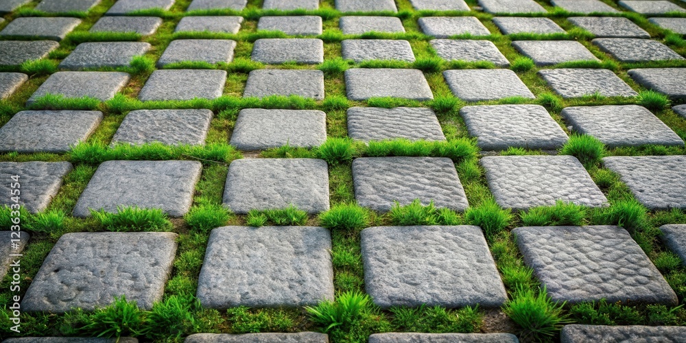 Aufkleber A close-up view of a stone walkway interspersed with vibrant green grass, creating a textured and visually appealing pattern.