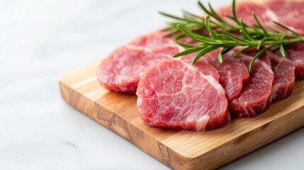 Sliced pork loin on wooden board, rosemary sprig, marble background; food preparation
