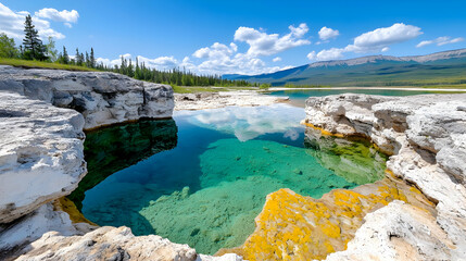 Crystal-clear spring pool, mountain backdrop, sunny day, travel postcard