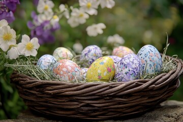 A basket of colorful, patterned eggs ready for an Easter celebration. The eggs are placed on a bed of green foliage and wildflowers, indicating the festive nature of this holiday tradition.