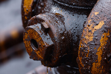 AI. Crude oil leaking pipeline at the industrial site