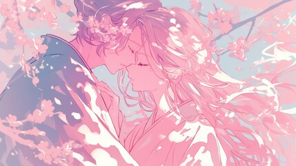 Emotional embrace between lovers, their clothing swaying in the breeze. Soft pink background enhances the romance, drawn in the vibrant yet delicate style of Japanese shoujo manga
