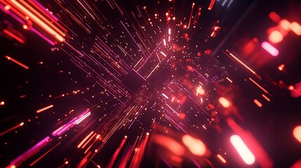 Obraz premium Abstract geometric background with red and pink lines and glowing particles creating a dynamic futuristic space
