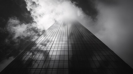 Towering Skyscraper Reaching Into Clouds Under Dramatic Sky in Monochrome Contrast