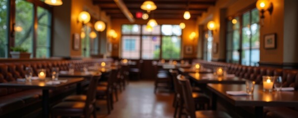Cozy restaurant interior with blurred dining area and vibrant bokeh lights behind, cozy, bokeh, lighting