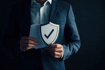 businessman holding shield icon and documents, symbolizing security and trust in business. image conveys professionalism and assurance in corporate environment