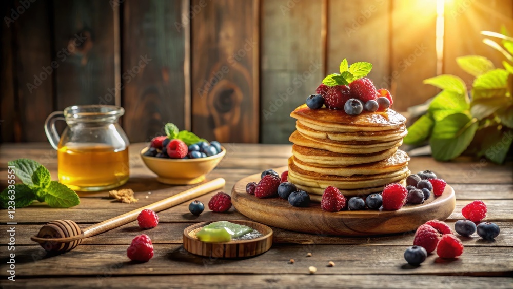 Poster a rustic table setting featuring a stack of pancakes topped with fresh berries, a pitcher of honey, 