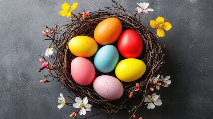 Vibrant spring decoration with colorful eggs in a woven basket, adorned with flowers and pink cherry blossoms.
