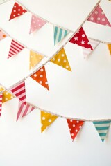 Fototapeta premium Colorful triangular bunting with polka dots and stripes against white background, holiday decor, seasonal decorations, striped bunting