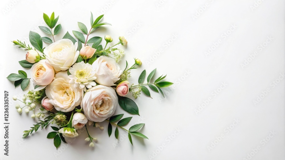 Poster a delicate arrangement of soft white roses and lush green foliage against a pristine white backgroun