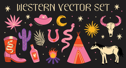 Western cowboy or cowgirl vector sticker elements set. Collection of cute groovy funky hippie cartoon illustration of boots, horseshoe, snake, skull, moon, sun, cactus