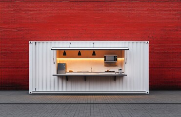 A white shipping container with an open front, containing a kitchen inside and a countertop for serving food outside, in front of a red brick wall. High-resolution, very realistic photography. 