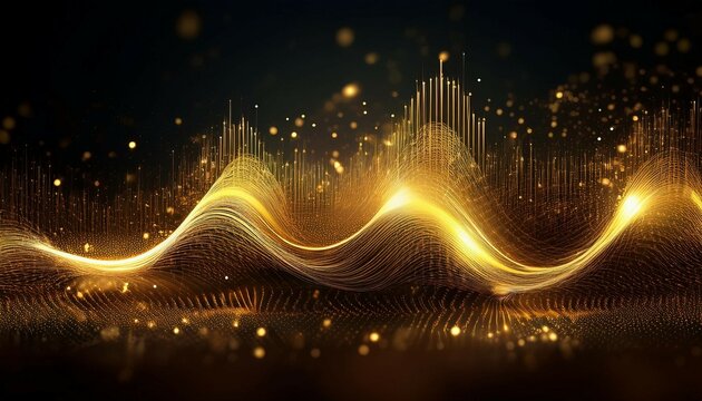 dynamic golden soundwave on a dark background enhanced with glowing particles