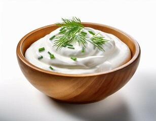 sour cream or yogurt decorated with dill and chives in wooden bowl on white background