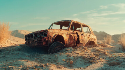 Old damaged car buried deep in a desert sand.
